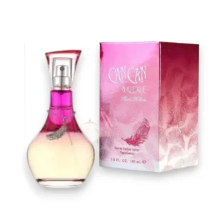 Frasco de Can Can Burlesque EDP con detalles de plumas y tonos fucsia, evocando lujo y feminidad.