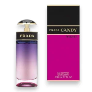 Frasco cilíndrico con un llamativo degradado que va del azul noche profundo al rosa intenso, coronado con su clásico atomizador semiesférico negro.