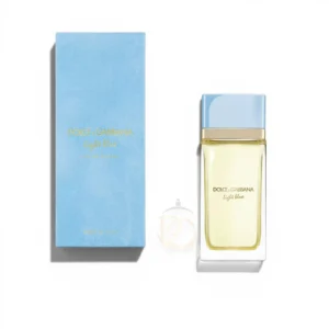 Elegante frasco de D&G Light Blue EDP Dama en un tono azul aterciopelado que refleja frescura de lujo.