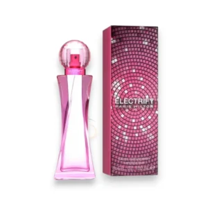 Frasco elegante de Electrify Paris Hilton con destellos neón, reflejando energía y lujo nocturno.