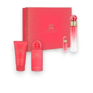 Estuche 360° Coral EDP 4Pzs, fragancia femenina fresca, floral y cálida, ideal para regalo.