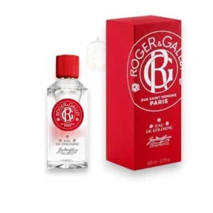 Frasco de cristal del perfume Jean Marie Farina sobre fondo blanco, resaltando su sello clásico.