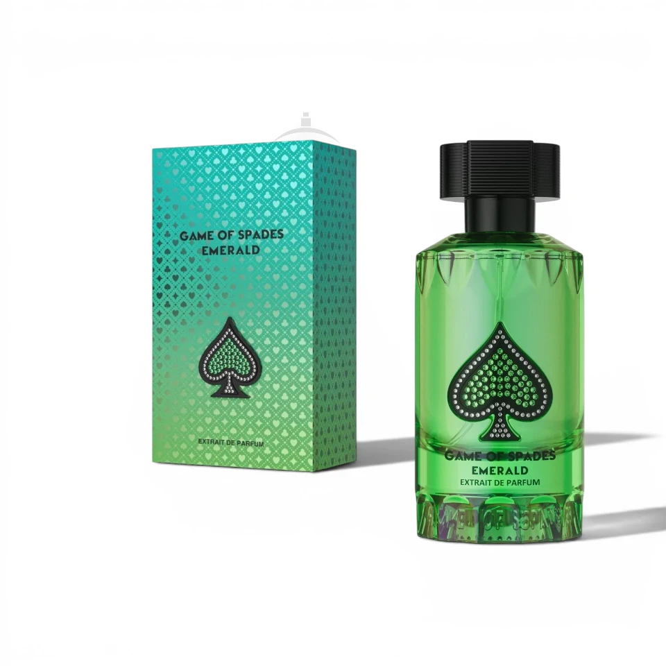 Lujosa botella de Game Of Spades Emerald con acabados en verde esmeralda y un diseño de corona dorado.