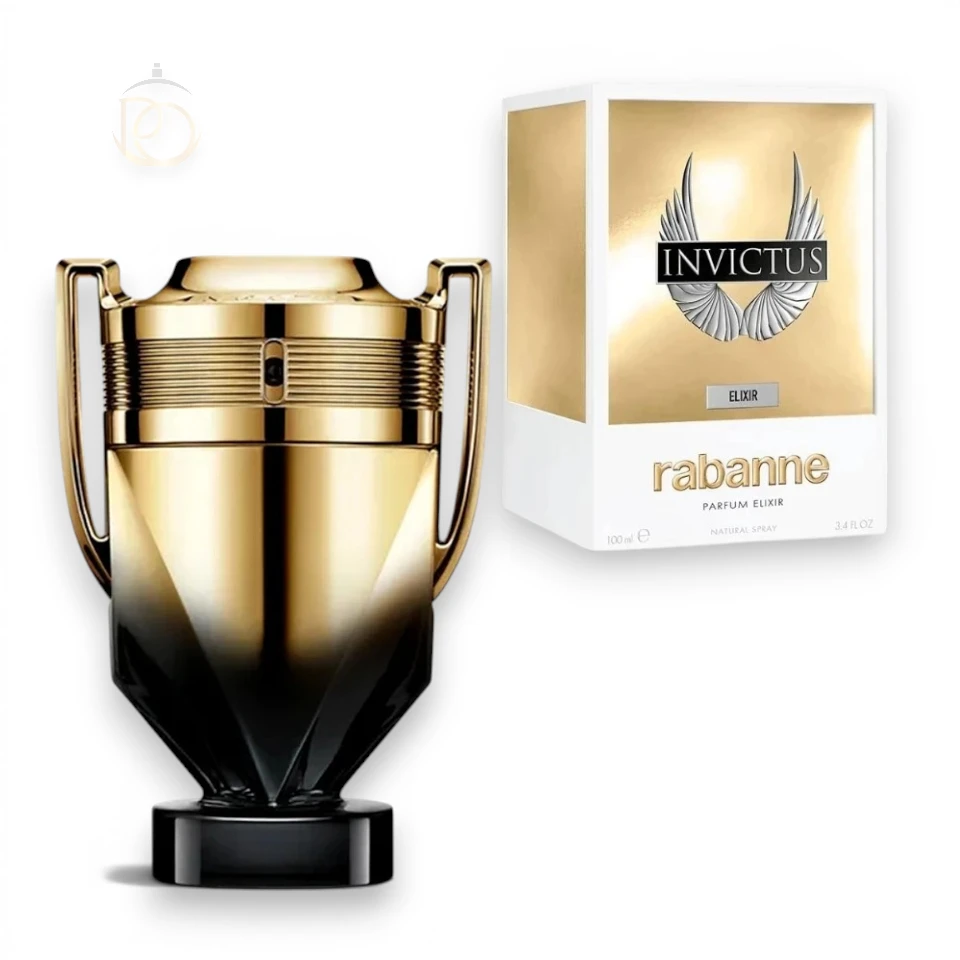 Frasco de perfume con forma de trofeo en cristal degradado oscuro con detalles plateados.