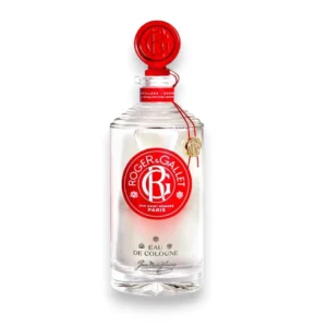Elegante botella de la colonia Jean Marie Farina con detalles dorados y fondo luminoso y limpio.