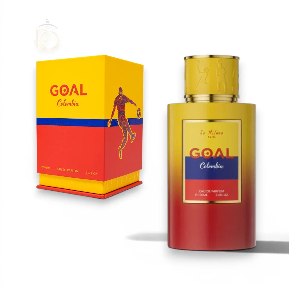 Frasco de perfume con diseño moderno y deportivo con detalles oscuros y tipografía elegante.