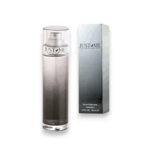 Botella minimalista de Just Me For Men EDT con detalles metálicos, reflejando frescura y carácter.