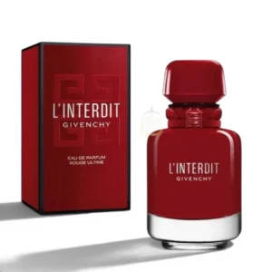 Frasco de perfume en cristal lacado de un rojo profundo y opaco con elegantes detalles negros.
