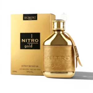 Frasco de perfume masculino con un diseño aerodinámico y un acabado dorado metalizado muy lujoso.
