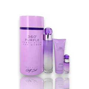Set de 360 Purple Deluxe Gift Estuche con su elegante botella púrpura y accesorios complementarios.