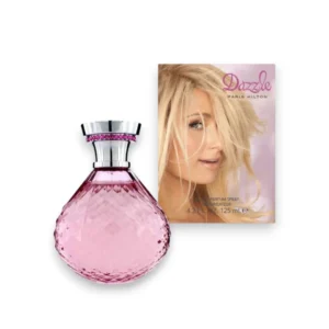 Frasco de Paris Hilton Dazzle EDP con diseño de joya y tonos rosa, reflejando brillo y sofisticación.