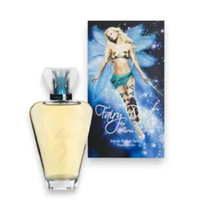Frasco de Paris Hilton Fairy Dust con una delicada ilustración de hada, evocando magia y feminidad.