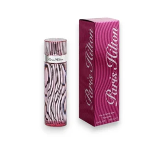 Frasco estilizado de Paris Hilton Eau de Parfum con sus icónicas líneas negras y elegancia clásica.