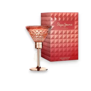 Icónico frasco de Pepe Jeans For Her en forma de copa de cóctel tallada en cristal rosado y dorado.
