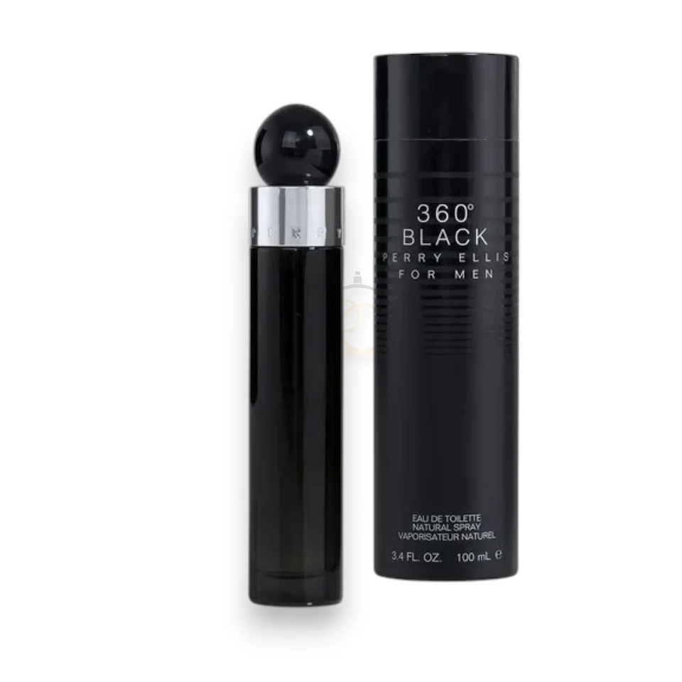 Elegante frasco oscuro de Perry Ellis 360° Black EDT, la esencia de la seducción nocturna masculina.
