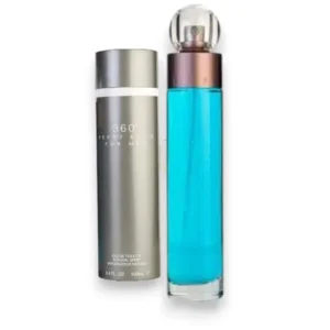 El icónico frasco cilíndrico de Perry Ellis 360° EDT destacando por su diseño minimalista y elegante.