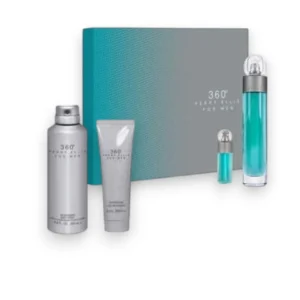 Elegante Perry Ellis 360° For Men Estuche con la icónica botella cilíndrica y productos de aseo.