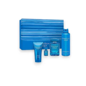 Set Perry Ellis Aqua Caballero Estuche con fragancia y complementos en un diseño azul oceánico.