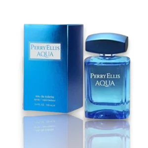 Frasco cristalino de Perry Ellis Aqua EDT, la máxima expresión de frescura y elegancia masculina.