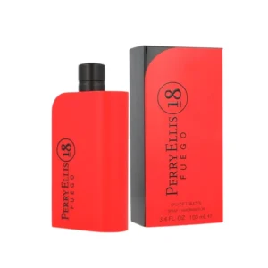 Diseño vibrante de Perry Ellis Fuego 18, la fragancia que captura la intensidad y el calor masculino.