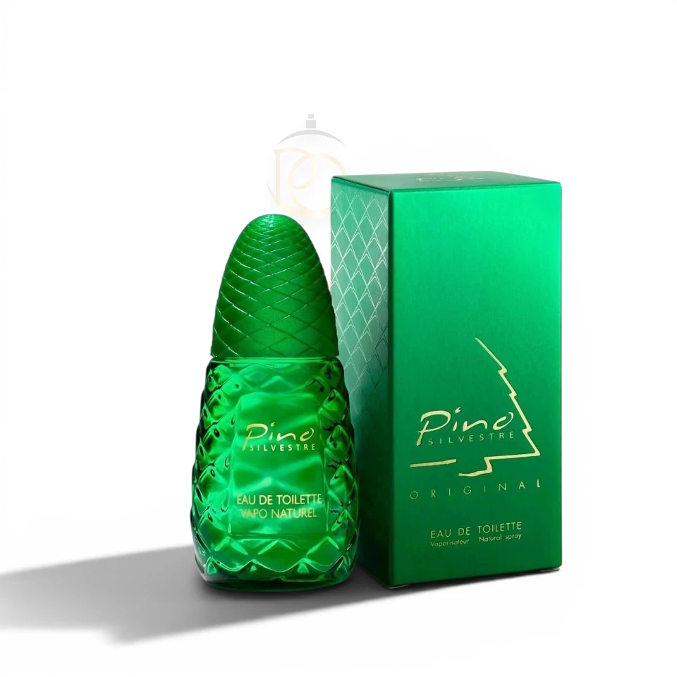 Icónico frasco verde en forma de cono de pino del clásico perfume masculino Pino Silvestre.