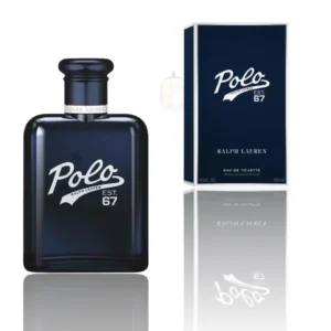Moderno frasco de Polo 67 EDT, una fragancia masculina con vibrantes notas de piña, salvia y maderas.