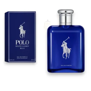 Elegante frasco azul de Polo Blue EDP, un perfume premium para hombre con notas marinas y de gamuza.