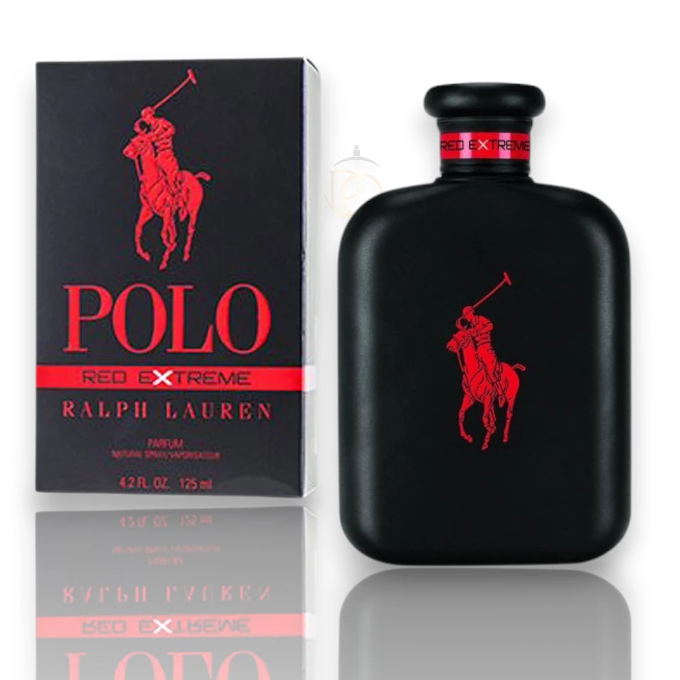 Imponente frasco negro de Polo Red Extreme Parfum, un perfume masculino con notas de café y madera.