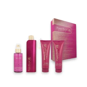 Contenido del Perry Ellis 18 Orchid Estuche 4Pzs con perfume y lociones en un diseño lila sofisticado.