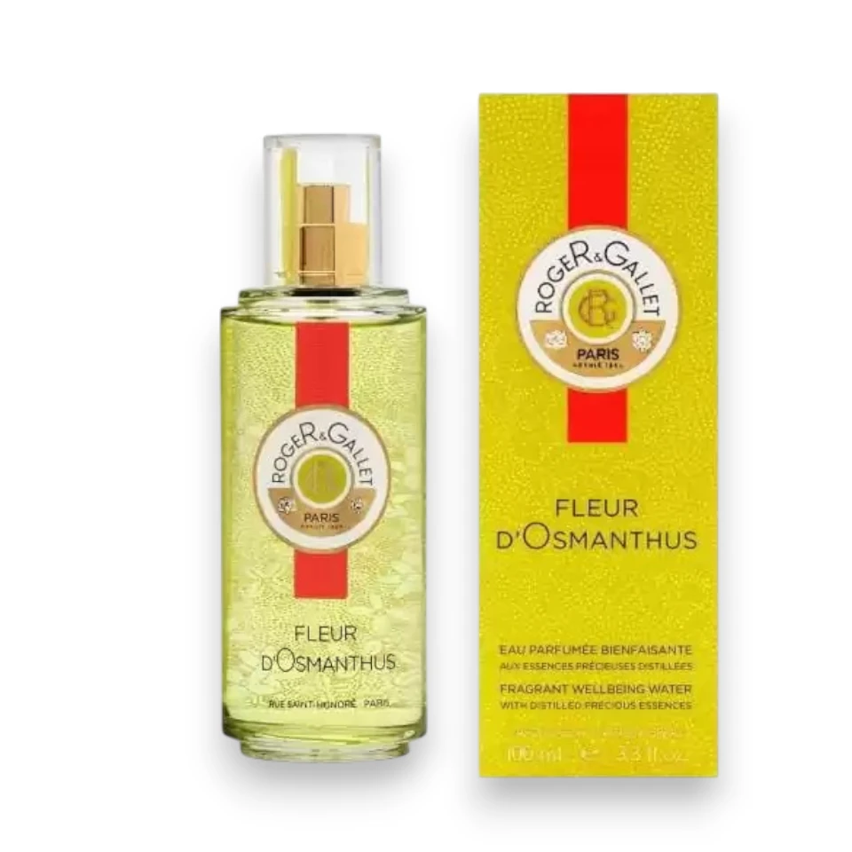 Elegante botella de la colonia Roger & Gallet Fleur d’Osmanthus que destaca su diseño clásico.