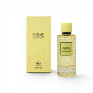 Botella de Rome Fantasmagory con diseño minimalista y detalles oscuros que evocan lujo y misterio.