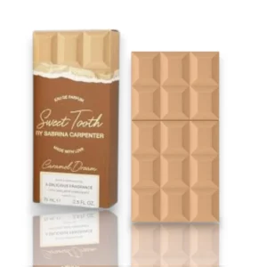 Botella de Sweet Tooth Caramel Dream con diseño de barra de chocolate bronce, elegante y tentadora.