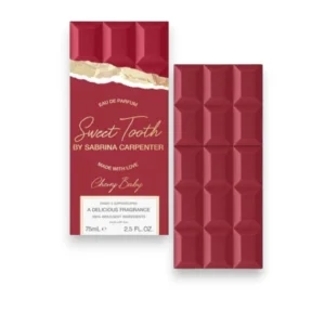 Frasco de Sweet Tooth Cherry Baby en forma de barra de chocolate rojo intenso, audaz y sofisticado.