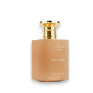 Elegante frasco de Taskeen Caramel Cascade resaltando su color ámbar y diseño de lujo minimalista.