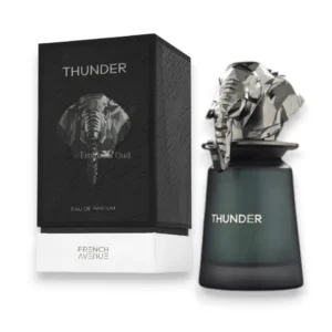 Frasco sofisticado de Thunder French Avenue, el aroma que define la masculinidad y el lujo moderno.