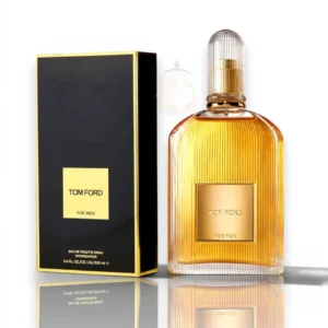 Frasco de Tom Ford For Men con su icónico diseño acanalado en vidrio oscuro y placa dorada.