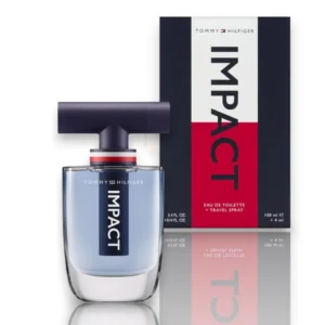 Perfume masculino en frasco de vidrio transparente con una imponente tapa azul en forma de T.
