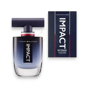 Botella de perfume con un degradado oscuro que resalta el líquido ámbar, con su distintiva tapa azul marino en forma de T.