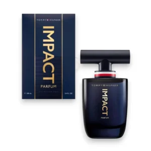 Elegante botella de fragancia con líquido oscuro y el icónico tapón azul en forma de T con detalles rojos.