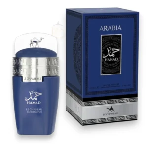 Sofisticado frasco de Arabia Hamad EDP expuesto bajo luz natural, denotando frescura y poder real.