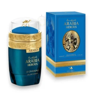 Elegante frasco de Arabia Heroes EDP sobre un fondo oscuro, reflejando su lujo y misterio varonil.