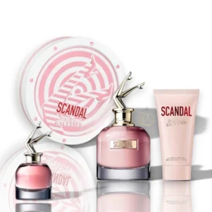 Elegante caja de regalo del Estuche Scandal EDP 3PZS con su icónico frasco y lociones perfumadas.