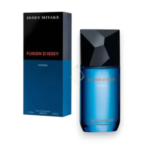 Moderno frasco de Fusion d’Issey Extrême EDT Intense en tonos oscuros que refleja la fuerza volcánica.