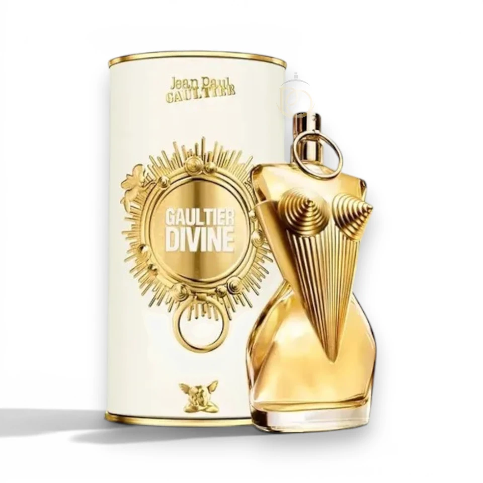 Silueta dorada del icónico frasco de Gaultier Divine EDP luciendo el majestuoso corsé de la marca.