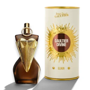 Elegante frasco dorado con corsé del perfume Gaultier Divine Elixir, reflejo de lujo y sensualidad.