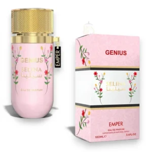 Frasco estilizado del perfume Genius Selina Emper con detalles dorados sobre un fondo floral tenue.