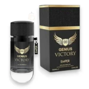 Frasco elegante del perfume Genius Victory sobre un fondo oscuro y sofisticado de mármol pulido.