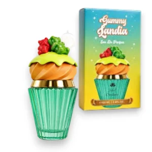 Frasco colorido de Gummy Landia rodeado de frutas tropicales frescas y caramelos brillantes.