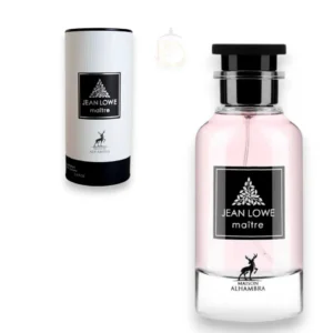 Lujoso frasco del perfume Jean Lowe Maitre EDP expuesto de forma imponente sobre una superficie de madera oscura.