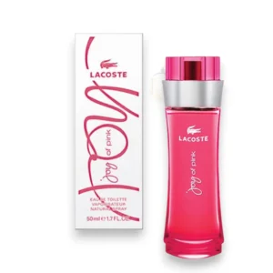 Vibrante frasco de vidrio en un tono rosa neón translúcido que refleja la energía de la fragancia.